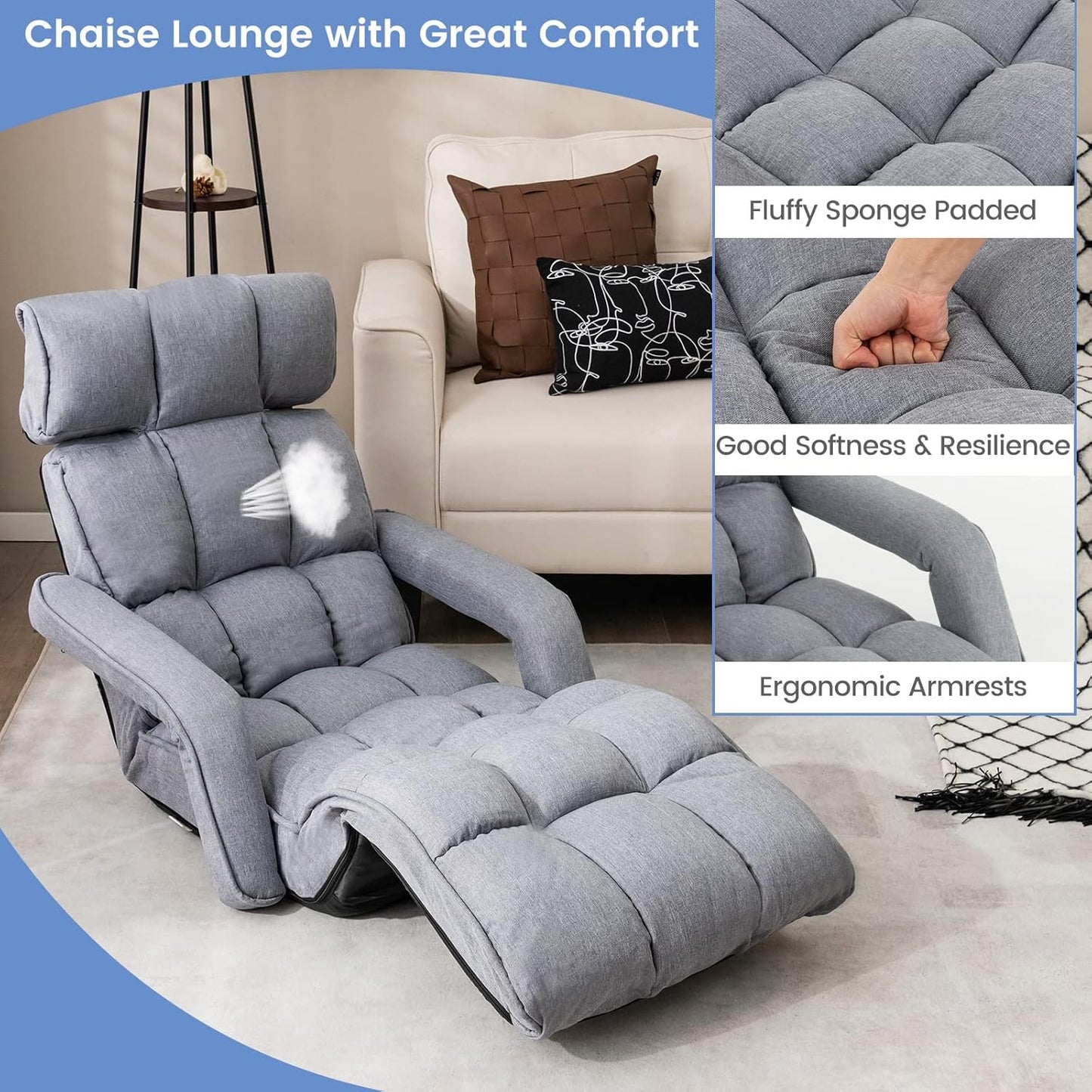 SofaFolding Sofa Bed, 6 Positions Adjustable Lazy Floor Sofa Chair Bed with Armrests and 8-Angle Footrest