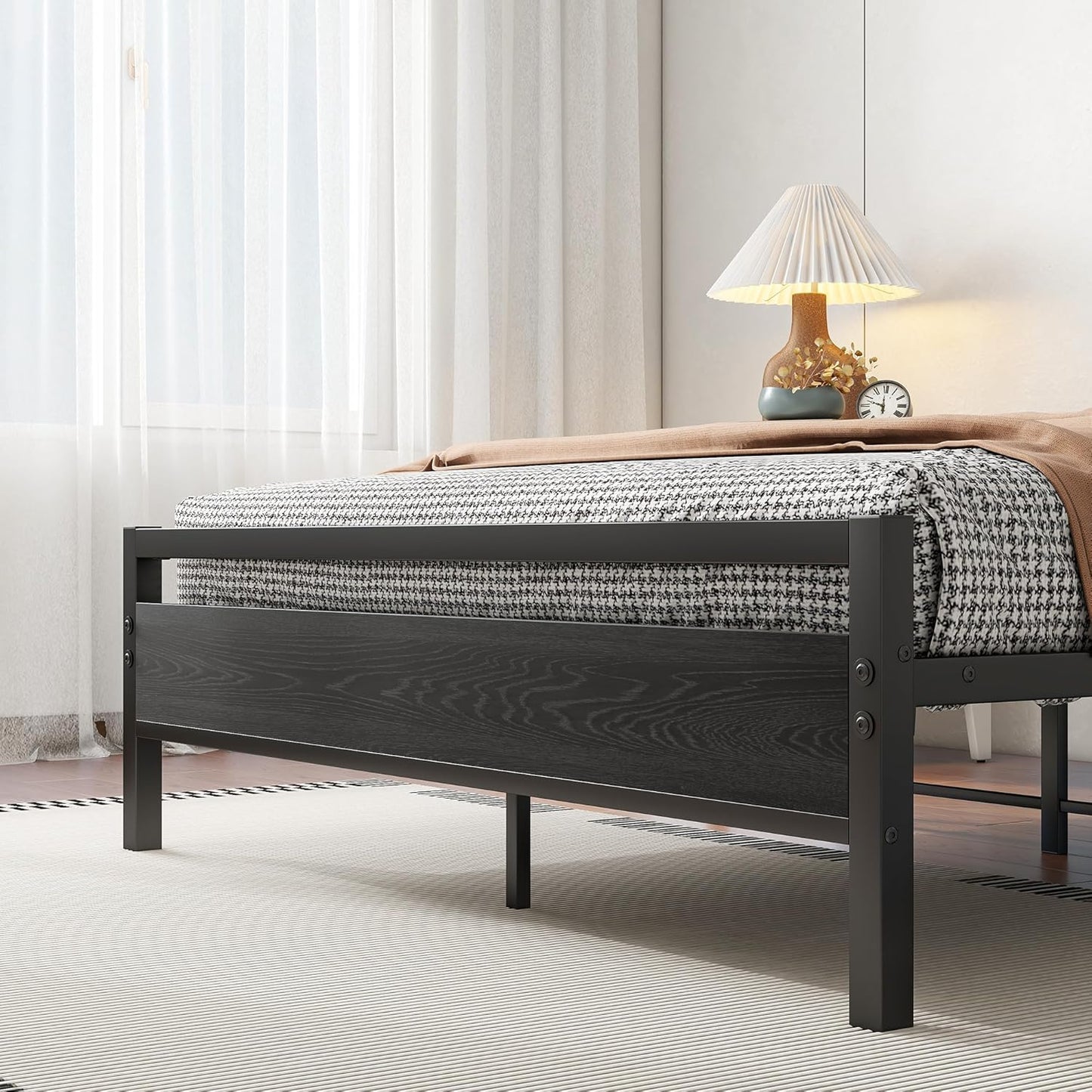 Metal Bed Double Bed Frames with Wood Headboard Black