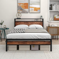 Metal Double Bed Frame with Storage Wooden Headboard Black & Brown