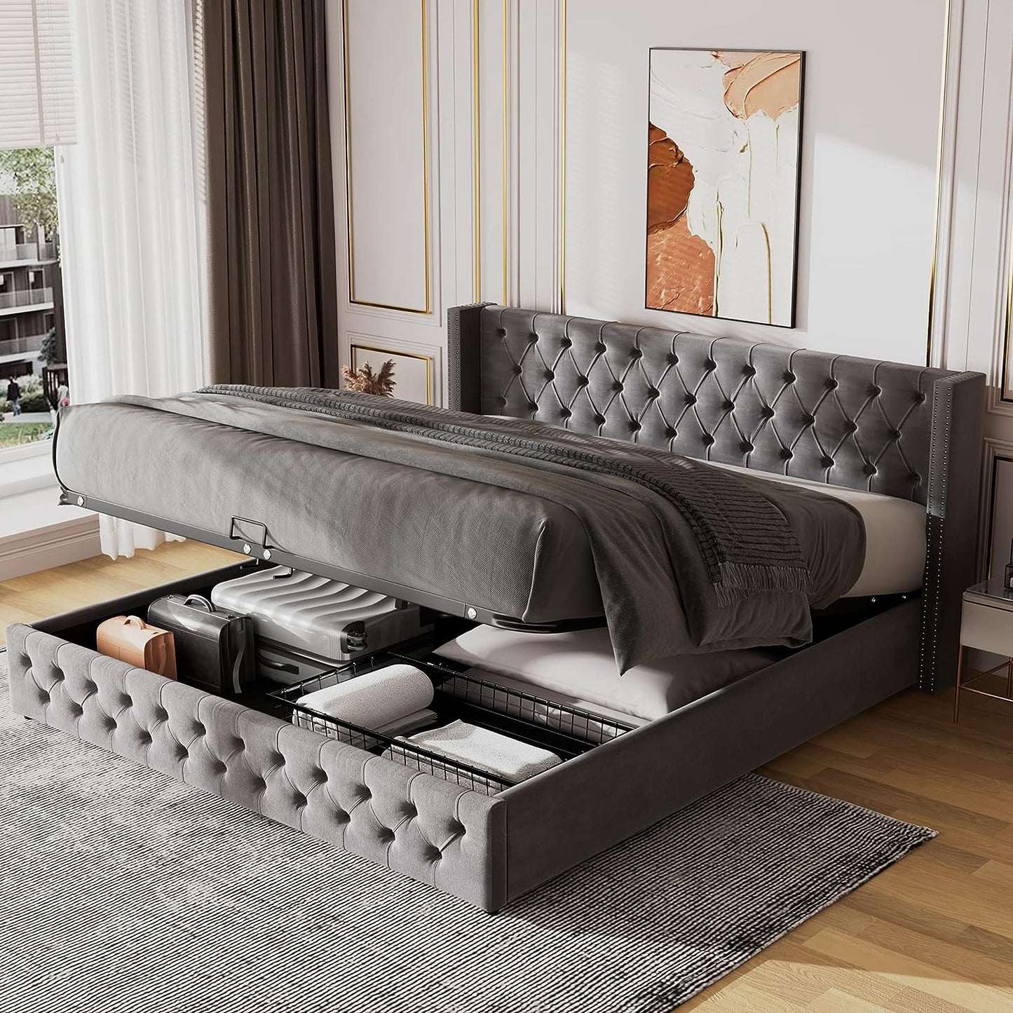 Ottoman Bed Upholstered Bed with Hydraulic Storage, Lift Up