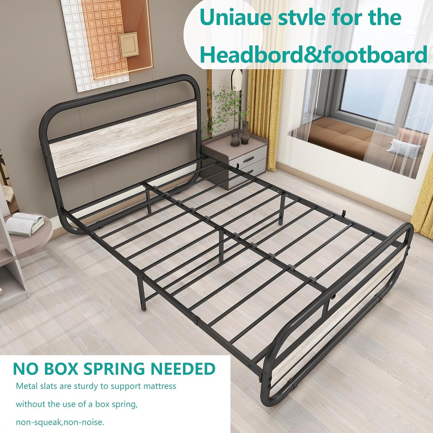 Metal Bed King Size Metal Platform Bed Frame with Wood Headboard