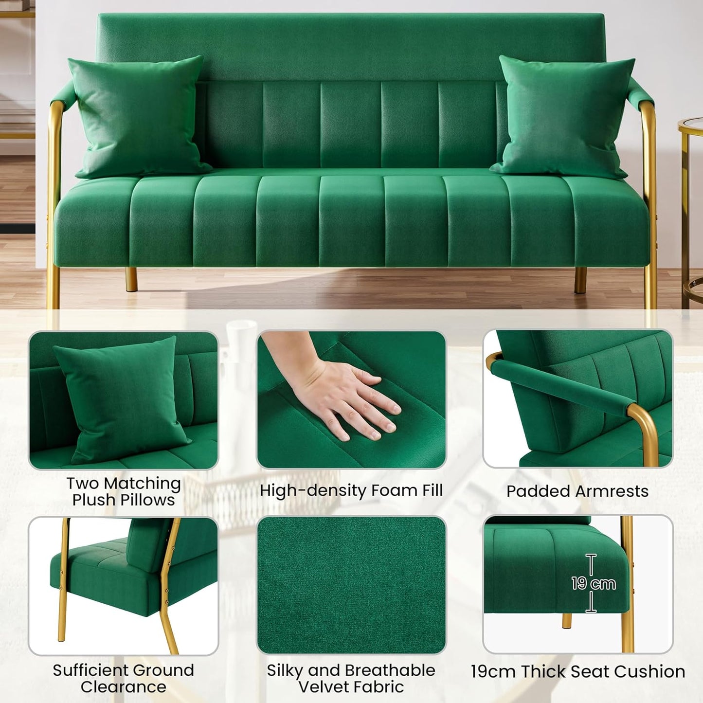 Sofa 2 Seater Modern Sofa Velvet Fabric Loveseat with Gold-tone Metal Arms and Legs for Bedroom