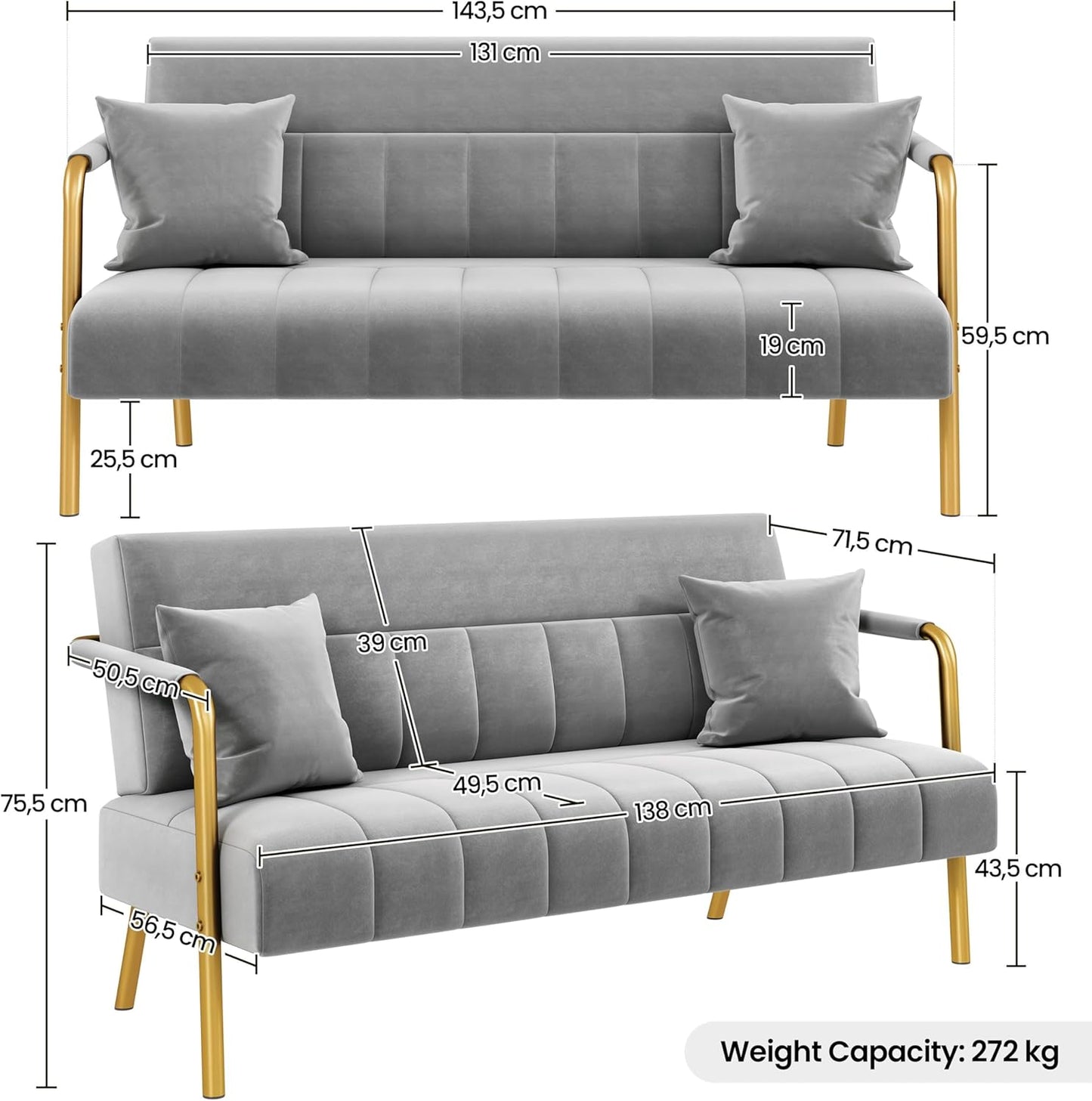 Sofa 2 Seater Modern Sofa Velvet Fabric Loveseat with Gold-tone Metal Arms and Legs for Bedroom