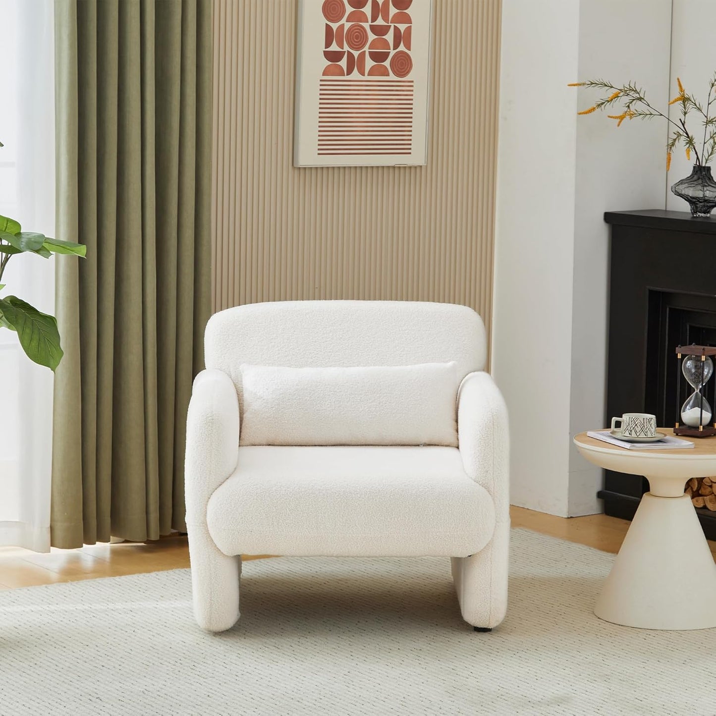 Single Upholstered Sherpa Armchair, Tub Chair with Back Pillow, Accent Chair, Sofa Chair, White Single Sofa