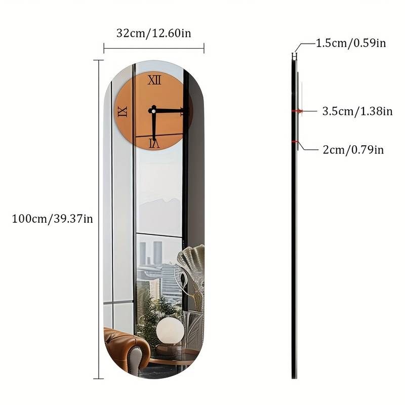 Modern Mirrored Wall Clock Long Oblong Silent Non Ticking Clock For Living Room Kitchen (32 x 100 cm)