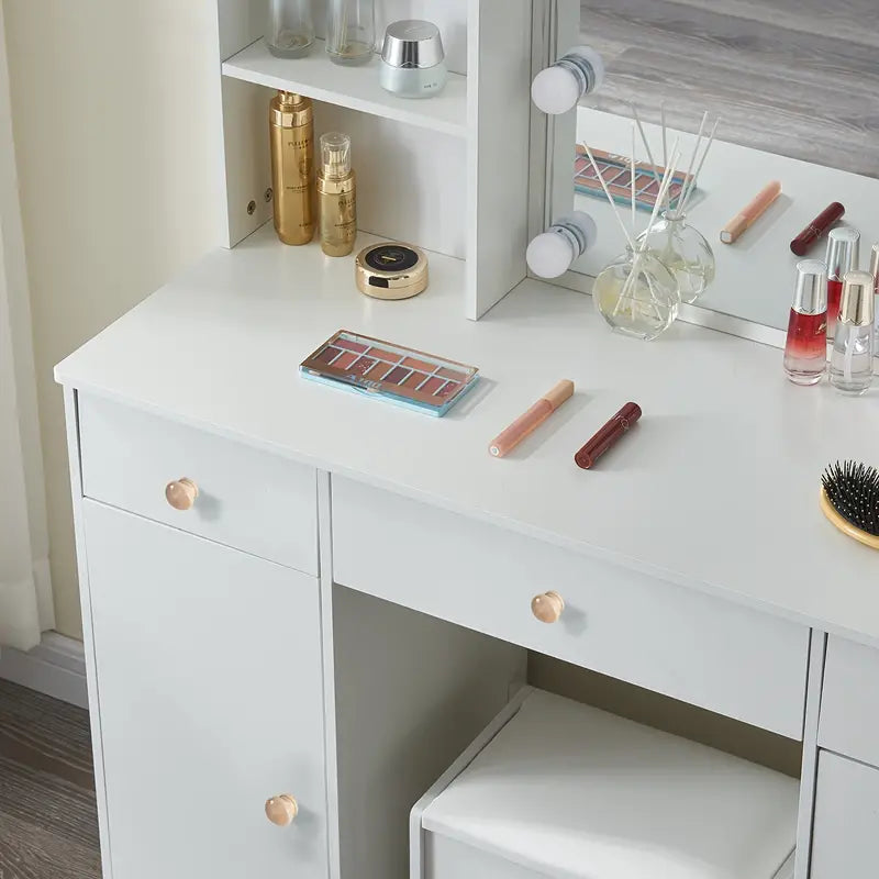 Dressing Table Makeup Desk With Lighted Mirror Stool Large Drawers Vanity Table