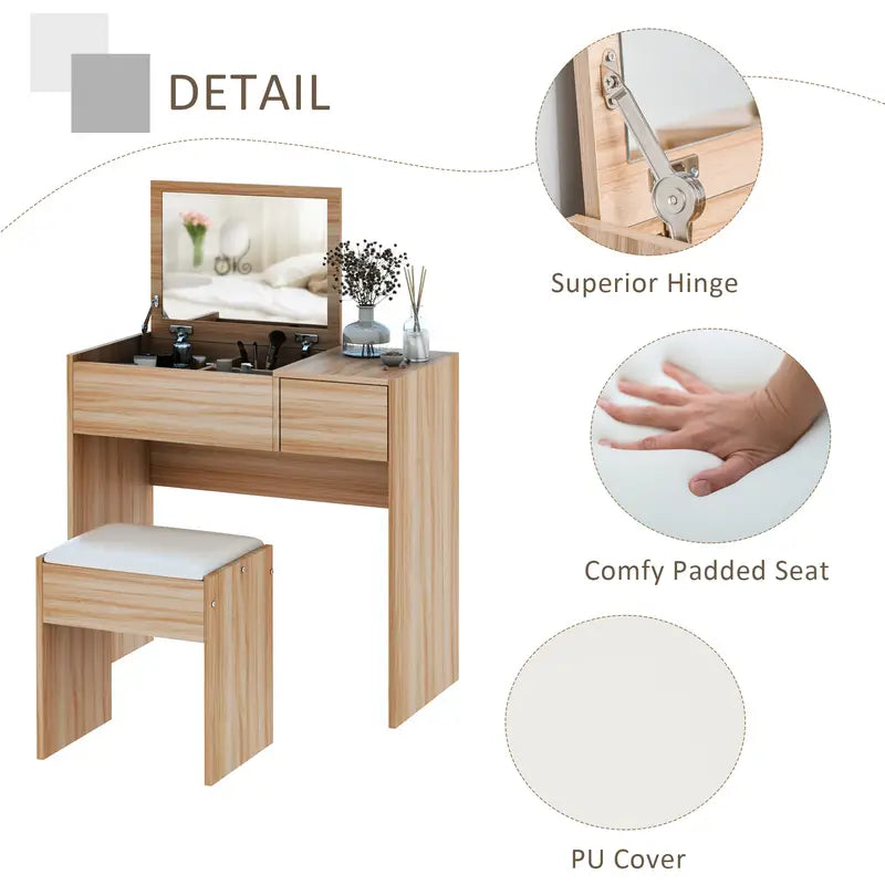 Dressing Table Vanity Table Makeup Desk with Drawer, Vanity Table Set NATURAL WOOD