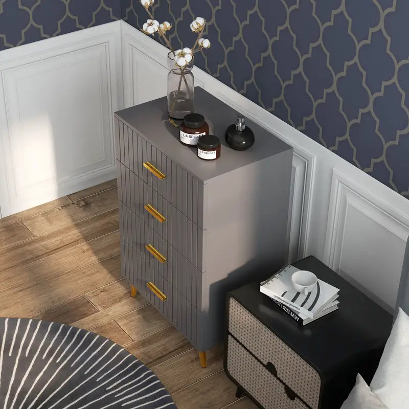 DARK GREY Bedroom Chest of Drawers, Modern 4-Drawer Dresser With Aluminium Legs