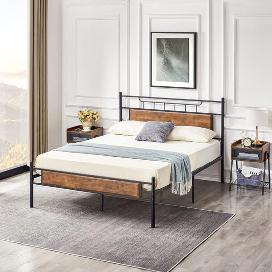 Metal Double Rustic Brown Bed Platform with Headboard & Footboard