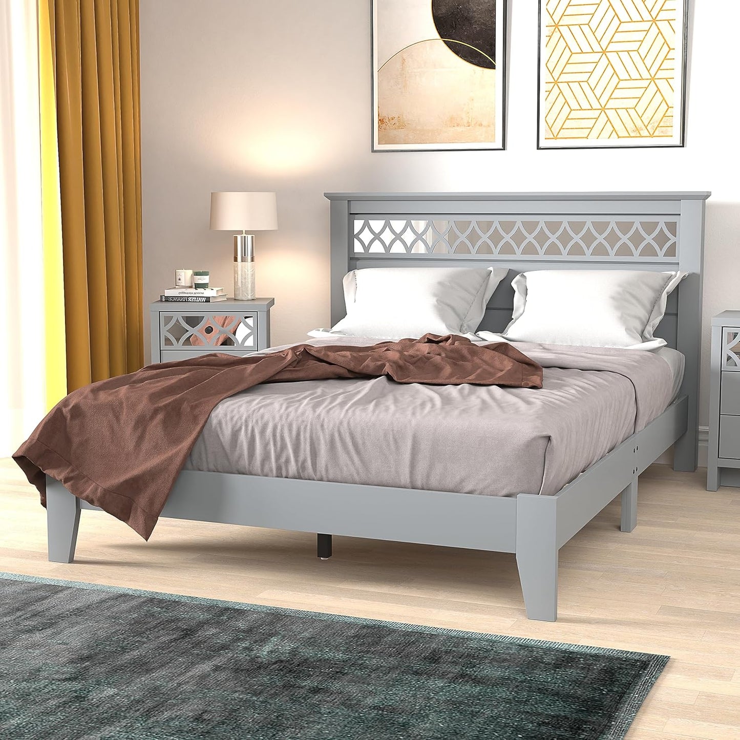 Wooden Double White Bed - Stylish Wooden Bedframe Mirrored Headboard