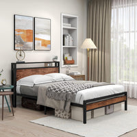 Metal Double Bed Frame with Storage Wooden Headboard Black & Brown