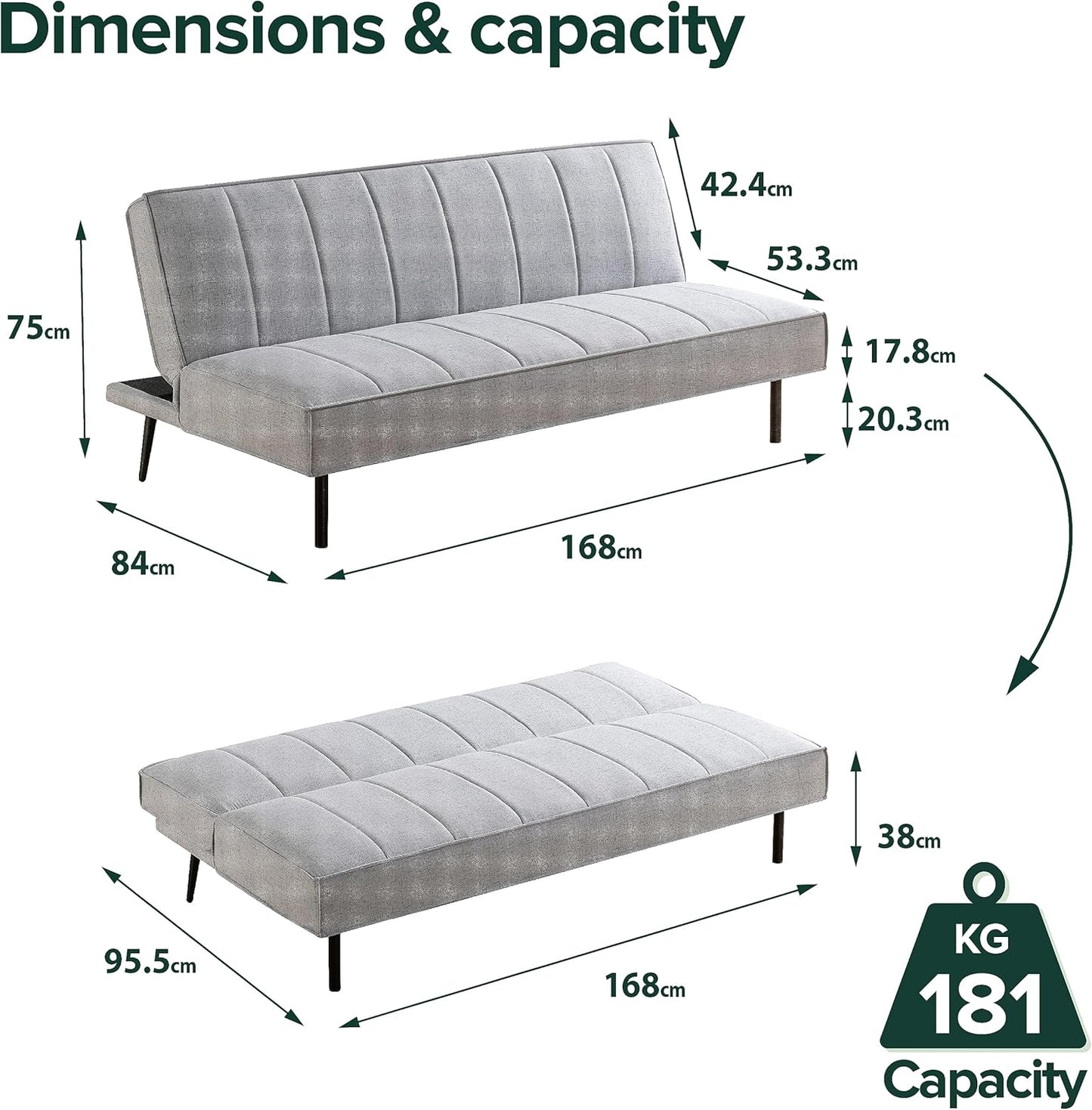 Sofa Quinn Clic Clac Sofa Bed - Sofa Bed 168x96x75 cm - 2-in-1 Folding Sofa Bed