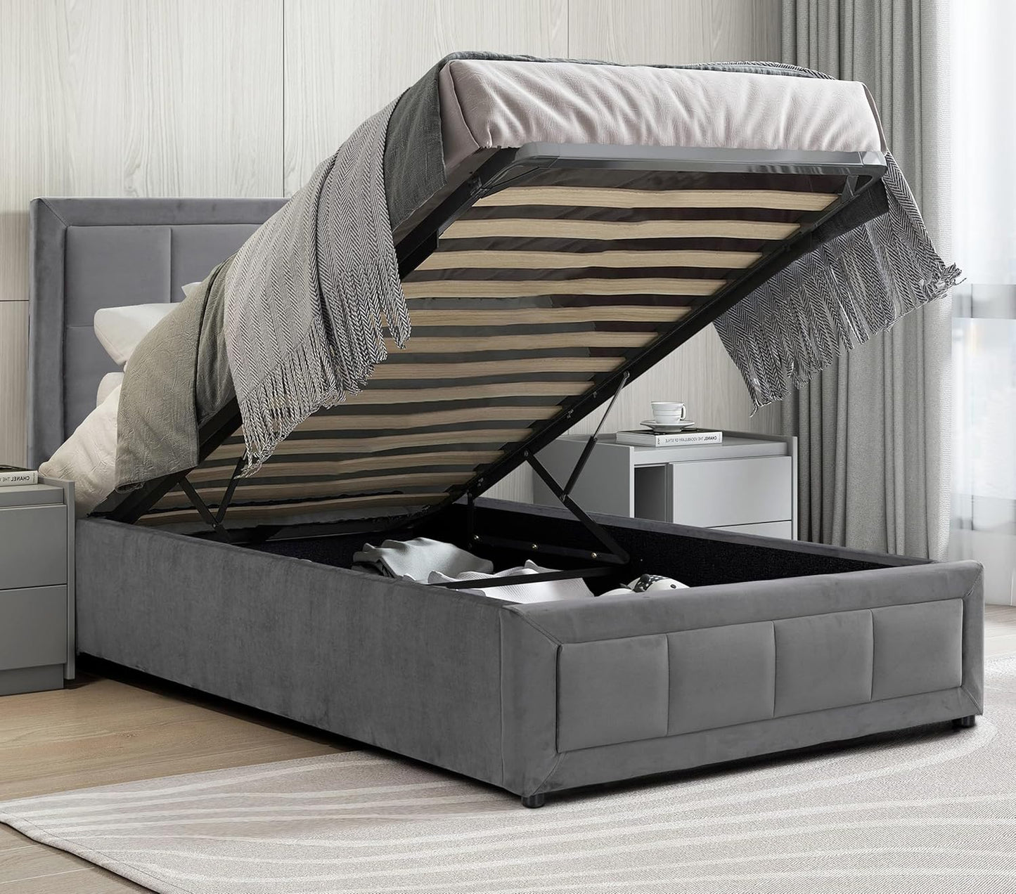 Ottoman Bed Velvet Grey Ottoman Storage Bed With Gas Lift End Opening