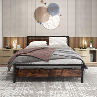 Metal Bed Double Bed Frames with Wood Headboard Rustic Brown