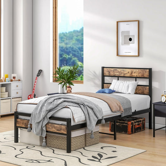 Metal Single Bed Frame with Wooden Headboard, Heavy Duty Metal