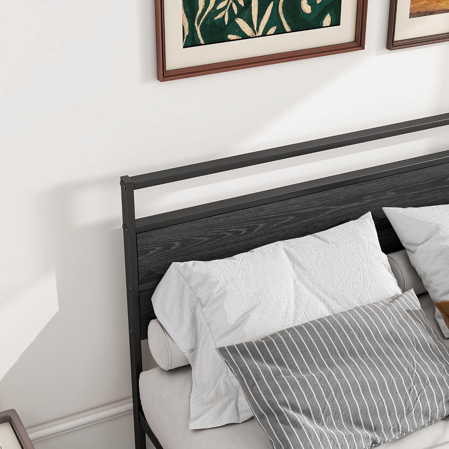 Metal Bed Frame with Wooden Headboard, Metal Bed Frame