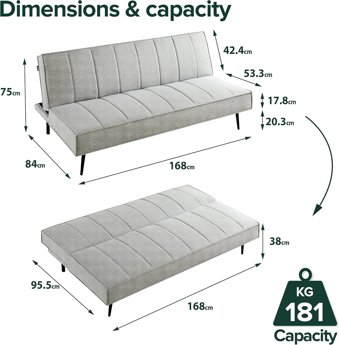 Sofa Quinn Clic Clac Sofa Bed - Sofa Bed 168x96x75 cm - 2-in-1 Folding Sofa Bed