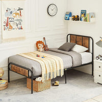 Metal Single Bed Frame Set of 2 with Wooden Design Headboard and Footboard