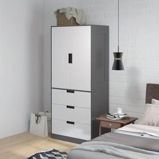 Wardrobe 2 Door Modern Wardrobe with 3 Drawers and Hanging Rod for Bedroom, GREY