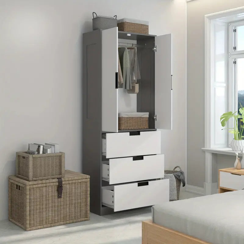 Wardrobe 2 Door Modern Wardrobe with 3 Drawers and Hanging Rod for Bedroom, GREY