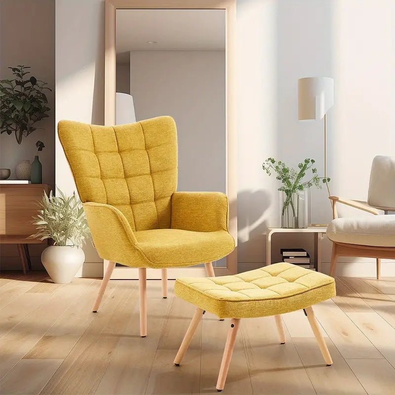 Chesterfield Upholstered Fabric Armchair with Footstool Sofa Fireside Chair Yellow