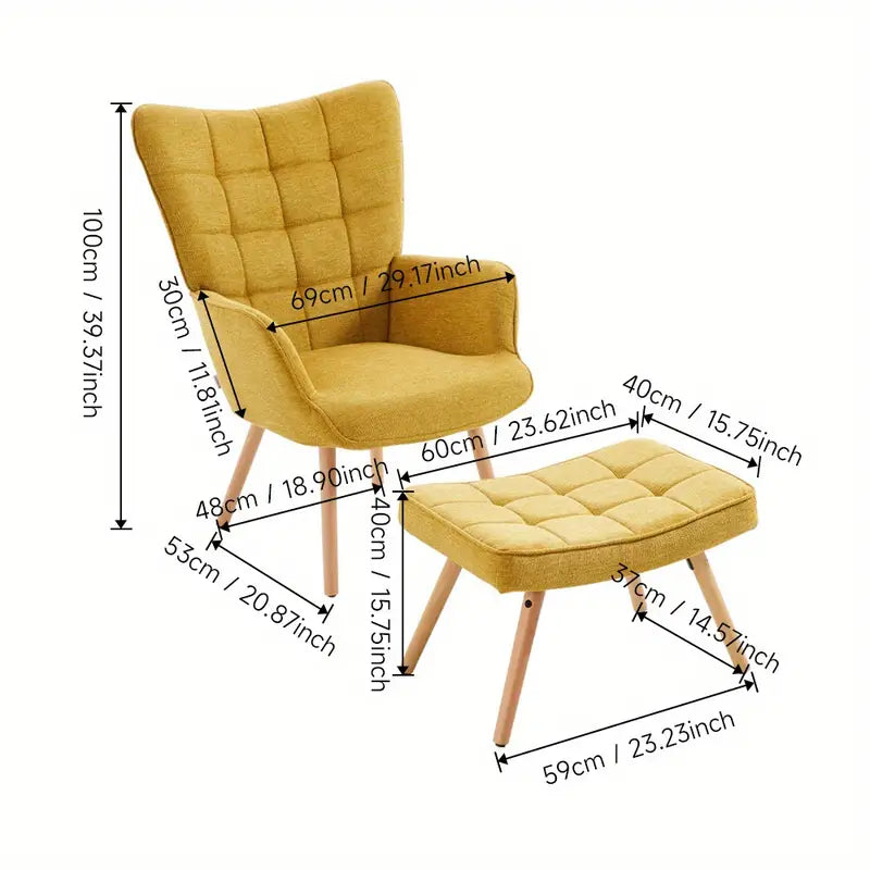 Chesterfield Upholstered Fabric Armchair with Footstool Sofa Fireside Chair Yellow