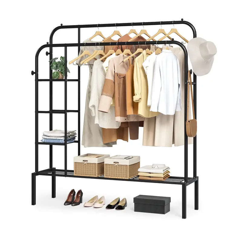 Wardrobe Metal Clothes Rail, Clothes Rack For Bedroom With 2 Rails BLACK