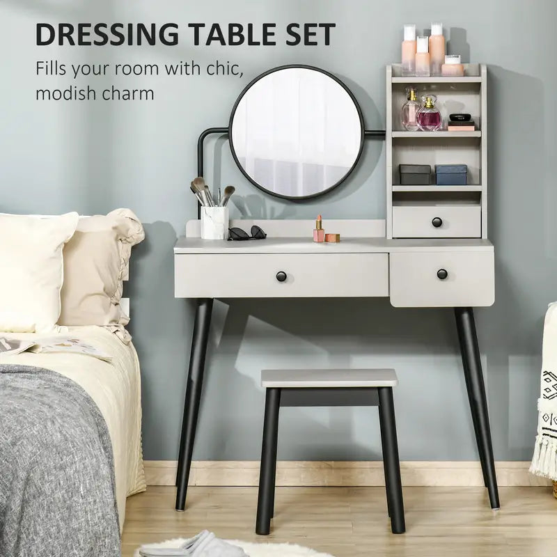 Dressing Table Set with Mirror and Stool, Vanity Makeup Table with 3 Drawers Grey