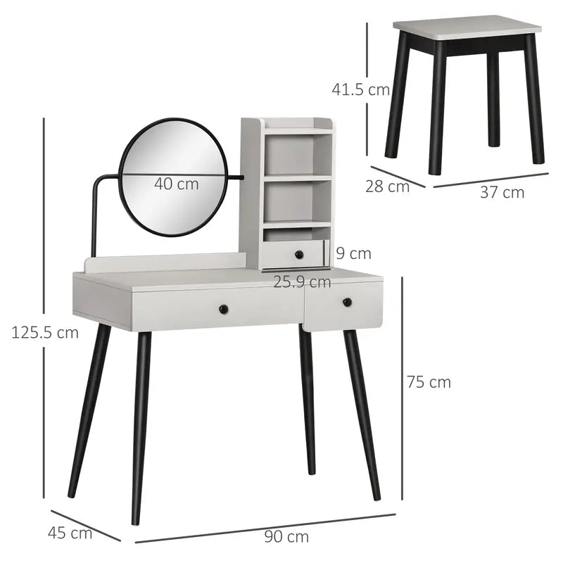 Dressing Table Set with Mirror and Stool, Vanity Makeup Table with 3 Drawers Grey