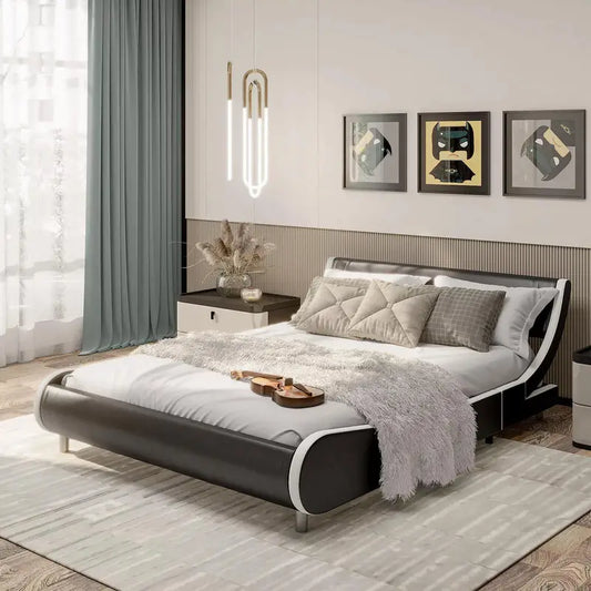 Kingsize PU Upholstered Bed Frame Platform Bed With High Headboard