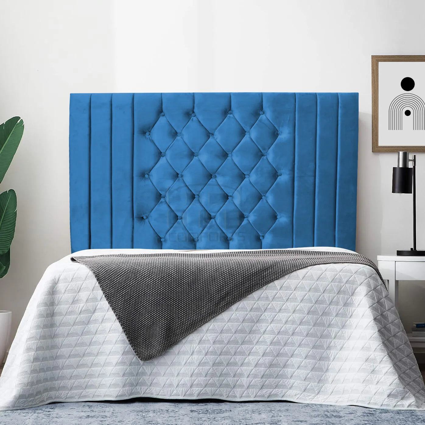 Headboards in Elegant Plush in Kansas Floor standing Peacock fabric, 36" BLUE